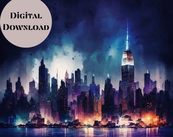 New York City Skyline akvarell digitaltryck, New York City Skyline väggkonst, dekor för vardagsrum, sovrum eller kontor, omedelbar nedladdning