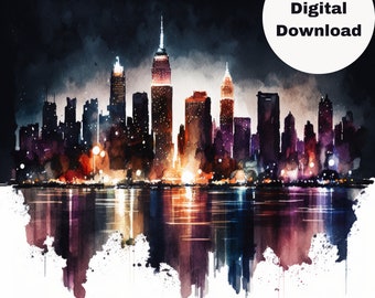 New York City Skyline akvarell digitaltryck, New York City Skyline väggkonst, dekor för vardagsrum, sovrum eller kontor, omedelbar nedladdning