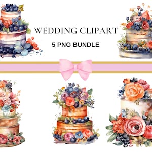 Puede incluir: Cinco ilustraciones de acuarela de pasteles de boda decorados con flores y bayas. Los pasteles son de varios estilos y colores, incluyendo blanco, marrón y azul. El texto "Wedding Clipart 5 PNG Bundle" está en la parte superior de la imagen.