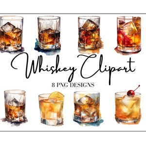 Imágenes Prediseñadas de vaso de whisky de acuarela, juego de 8 imágenes PNG de imágenes prediseñadas de Bourbon, imágenes prediseñadas de menú de bebidas, cócteles de bebidas de bar, descarga digital de arte instantáneo