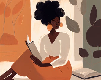 Hermoso arte de pared: arte de lectura de mujer negra, impresionante decoración del hogar para amantes de los libros, arte afroamericano, arte de lectura, decoración minimalista