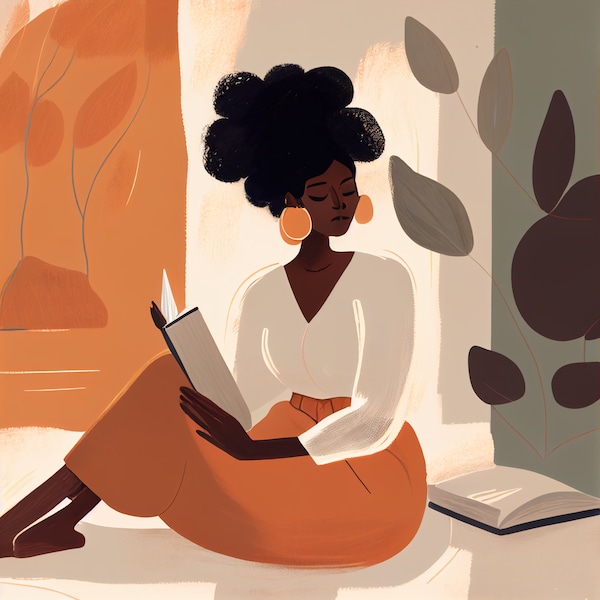 Hermoso arte de pared: arte de lectura de mujer negra, impresionante decoración del hogar para amantes de los libros, arte afroamericano, arte de lectura, decoración minimalista