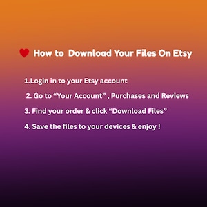 May include: An Etsy guide with a gradient orange and purple background. The text reads "How to Download Your Files On Etsy" followed by numbered steps: Login, go to your account, find your order, and save the files.