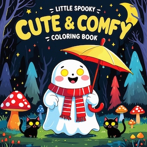 May include: A cute ghost wearing a red and white striped scarf holds an umbrella in a dark forest setting. The ghost is smiling and has big, yellow eyes. The text "LITTLE SPOOKY" and "CUTE & COMFY COLORING BOOK" is at the top of the image.
