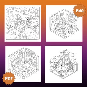 May include: Four black and white Halloween-themed illustrations. The top left shows two witches on a bridge. The top right depicts a pumpkin-headed figure in a room. The bottom left shows a haunted arcade. The bottom right shows a carousel and a ticket booth.