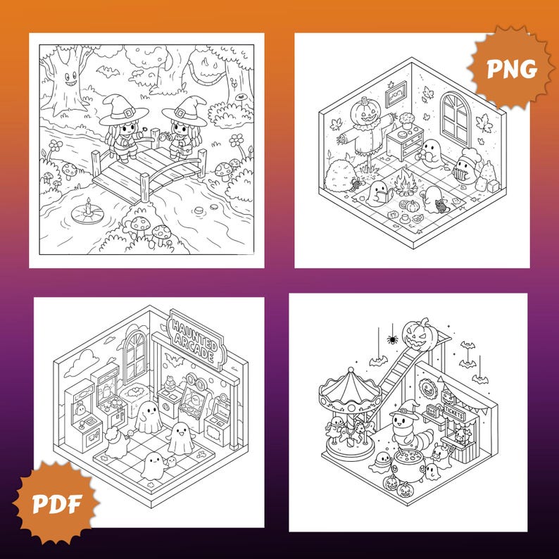 May include: Four black and white Halloween-themed illustrations. The top left shows two witches on a bridge. The top right depicts a pumpkin-headed figure in a room. The bottom left shows a haunted arcade. The bottom right shows a carousel and a ticket booth.