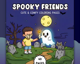 Spooky Friends Coloring Book, 40 Bold & Easy Designs for Adults and Kids, Cute Kawaii, Creepy Halloween, Coco Wyo Style, PDF + PNG
