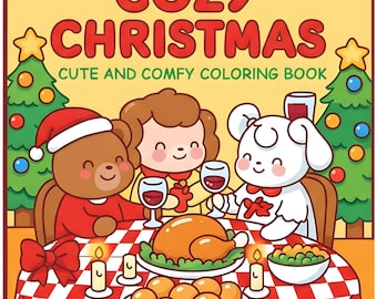 May include: A colorful illustration for a coloring book with the text "Cozy Christmas." The image features cartoon characters, a bear, a girl, and a dog, gathered around a table set for a holiday meal. The table is covered with a red and white checkered tablecloth.