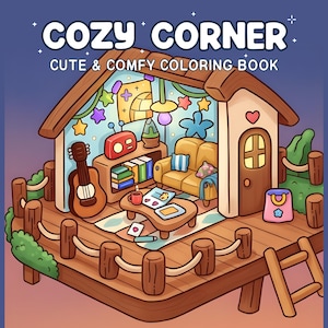 May include: A colorful illustration of a cozy treehouse with the text "COZY CORNER" and "CUTE & COMFY COLORING BOOK". The treehouse features a guitar, radio, sofa, and a small table with a cup and papers. A ladder leads up to the treehouse.