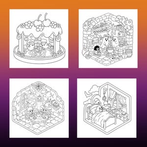 May include: Four black and white illustrations of Halloween-themed scenes. One shows a cake with ghosts, another a witch's kitchen, a third a dining scene, and the last a bedroom with a ghost in bed.