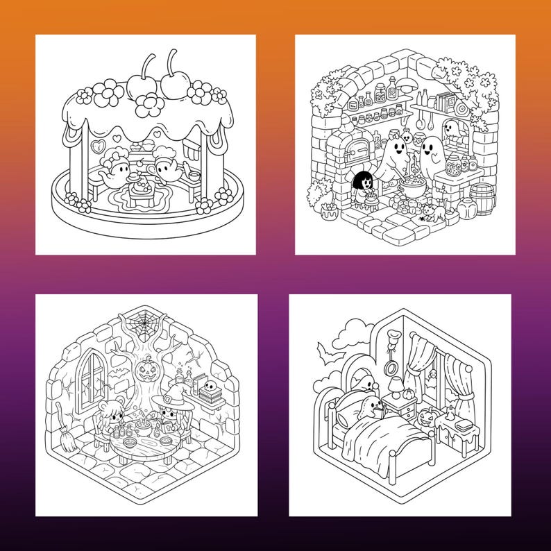 May include: Four black and white illustrations of Halloween-themed scenes. One shows a cake with ghosts, another a witch's kitchen, a third a dining scene, and the last a bedroom with a ghost in bed.