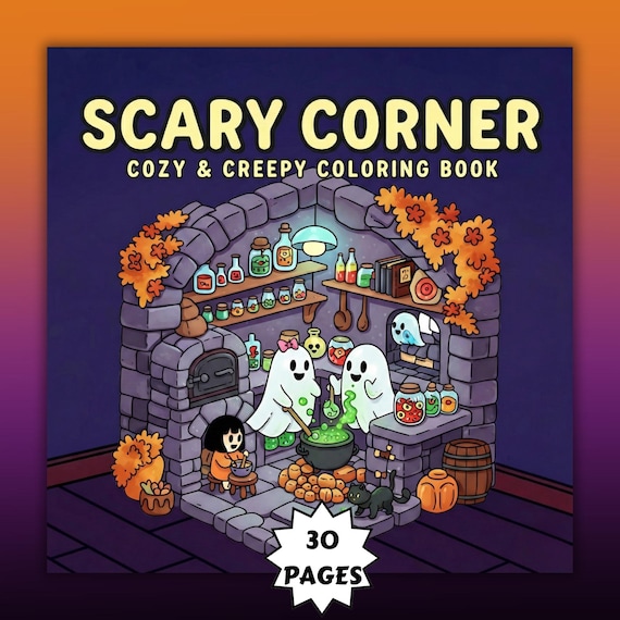 Scary Cozy Corner Coloring Book, 30 Bold and Easy Designs, PDF, PNG, Spooky Coco Wyo Style, Comfy Coloring
