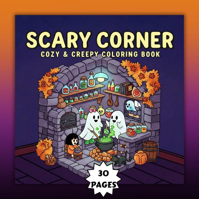 Creepy Cozy Corner Coloring Book, 30 Bold and Easy Designs, PDF, PNG, Spooky Coco Wyo Style, Comfy Coloring image 1