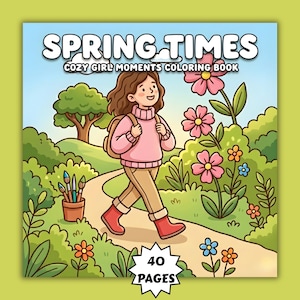 Peut inclure: Couverture de livre de coloriage pour enfants, intitulé "Spring Times Cozy Girl Moments Coloring Book". L'illustration montre une jeune fille marchant sur un chemin entouré de fleurs et de verdure. Le livre contient 40 pages.