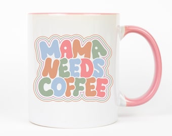 Mama Needs Coffee Mug: Retro Pink Handle, New Mum Gift