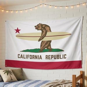 Bandera de California, cuadro de oso surfista para pared, decoración para dormitorio universitario