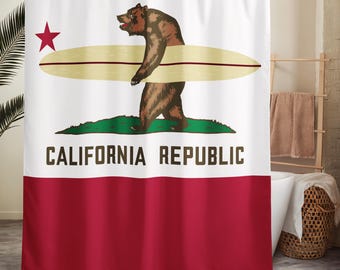 California Republic Surfer Bear Shower Curtain – Coastal Bathroom Decor, Beach House Style, Surf Gift