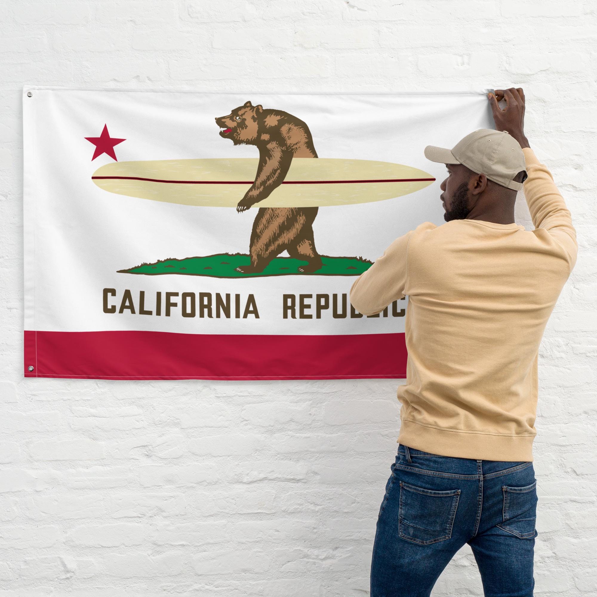 California Republic Surfing Bear Flag - Unique Wall Art, Indoor Decor, Beach House Tapestry, Surfer Gift