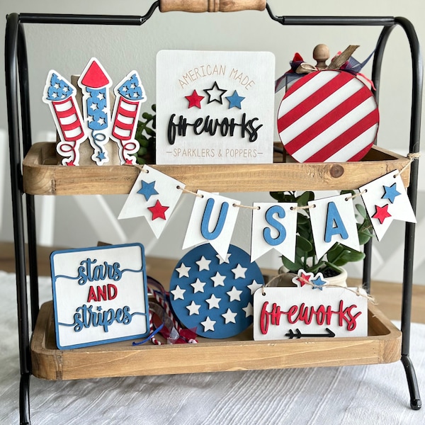 Tier Tray Fourth of July Decor | Tiered Tray Decor | 4th of July | USA | Summer Tiered Tray | Wood Decor | Laser Cut Decor | Patriotic Decor