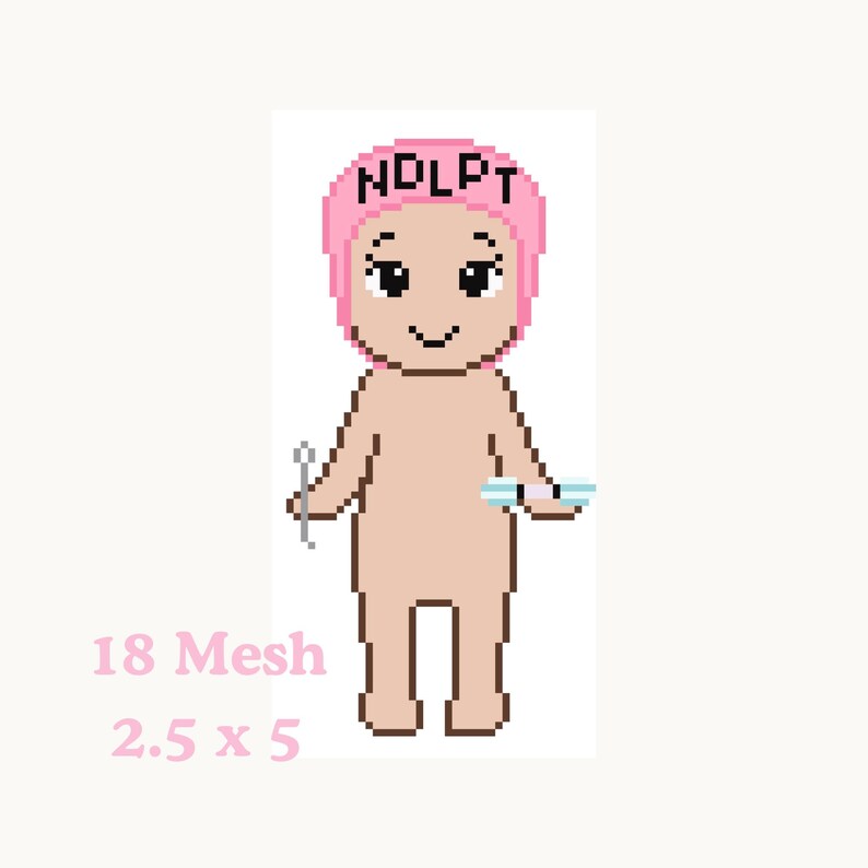 Może przedstawiać: Pikselowa ilustracja osoby w r&oacute;żowym czepku z napisem "NDLPT". Osoba trzyma igłę i mały przedmiot. Poniżej słowa "18 Mesh" i "2,5 x 5".