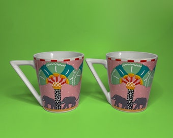 Set of 2 Elephant Walk Pink Vintage Mugs Designed by Pelzman Designs, Made in Japan in 1989