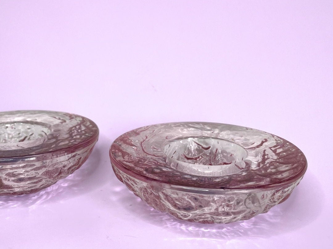 Set of 2 Purple Art Crystal Glass Tea Light Candle Holders Beautiful