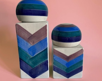 Vintage 1980s Ceramic Canisters - Pair of High Gloss Glazed Chevron Jars with Ball Lids