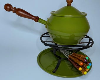 Vintage 1970s Avocado Green Enamel Fondue Set - Complete Pot Stand Tray & Colour-Coded Forks