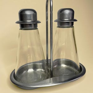 Vintage 1990s IKEA Hatt Oil and Vinegar Cruet Set - Stainless Steel Bowler Hat Lids & Wire Stand bild 1