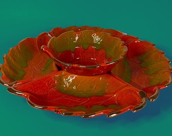 Great California Pottery Dip and Chip Set in Bright Orange and Olive Green with Bronze Accent