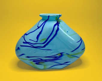 Art Glass Aqua Blue Oblong Vase, Unique Colourful Home Decor