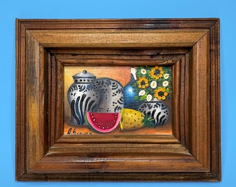 Vintage Framed Still Life Oil Painting - Mexican Talavera Pottery & Fruit Board