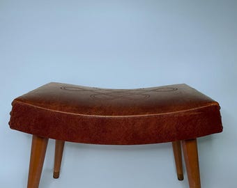 Vintage Mid-Century Modern Embossed Leather Footstool - Chatham Fabrics Thamesville, Canada Footrest