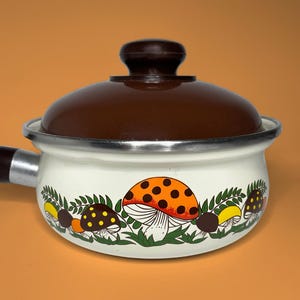 Peut inclure: Une casserole en émail blanc avec un couvercle marron et un long manche. L'extérieur présente un imprimé graphique coloré de divers champignons orange, jaunes et marron avec un feuillage vert. Le bord du pot et le couvercle sont argentés.