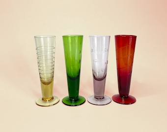 Set of 4 Vintage Colourful Etched Stemmed Cordial Shooters/Shot Glasses
