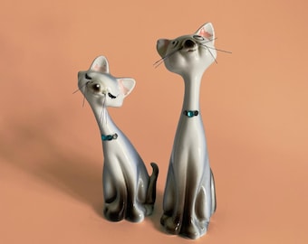 Vintage 1950s Japanese Long Neck Siamese Cat Shakers - Ceramic Cats with Original Wire Whiskers
