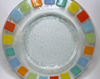 Vintage Rainbow Mosaic Fused Glass Serving Platter - Studio Art Glass Decorative Plate