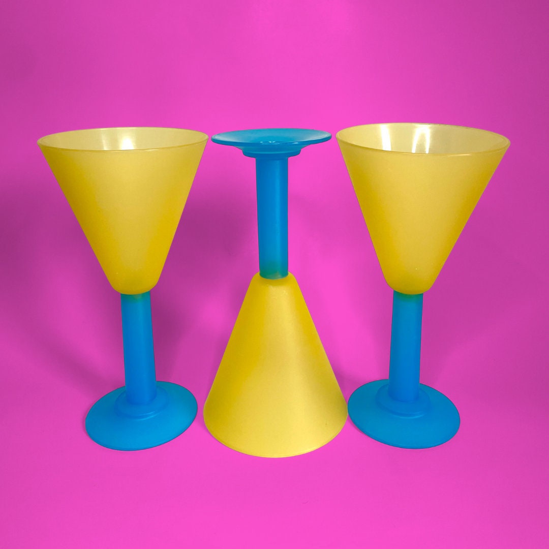 Yellow and Blue Plastic Martini Glasses, Unique Summer Outdoor