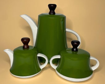 Vintage Mid-Century Olive Green & White Insulated Tea Set - Teapot Creamer Sugar Bowl