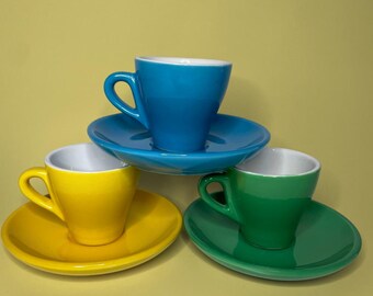 Vintage Italian Style Ceramic Espresso Cups and Saucers - Set of 3 Colourful Demitasse Cups