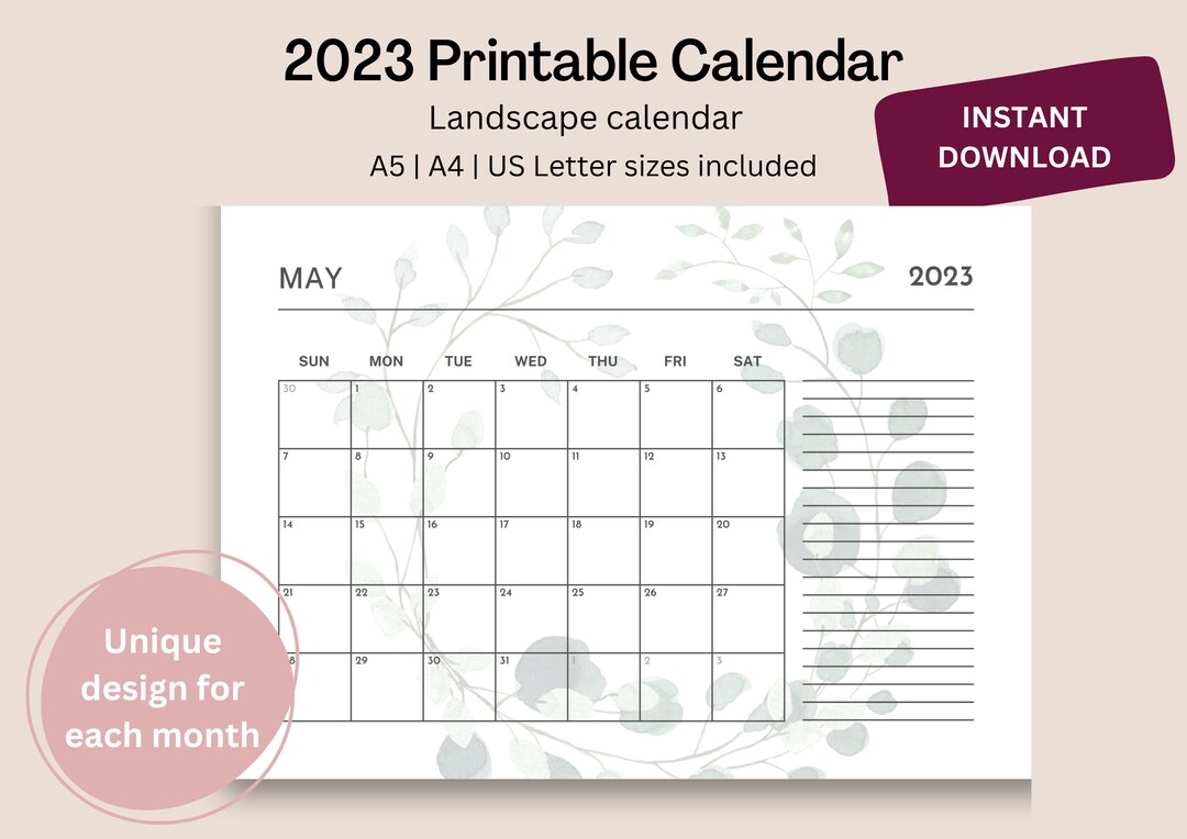 2023 Printable Calendar Landscape, Monthly Calendar 2023 PDF, Printable