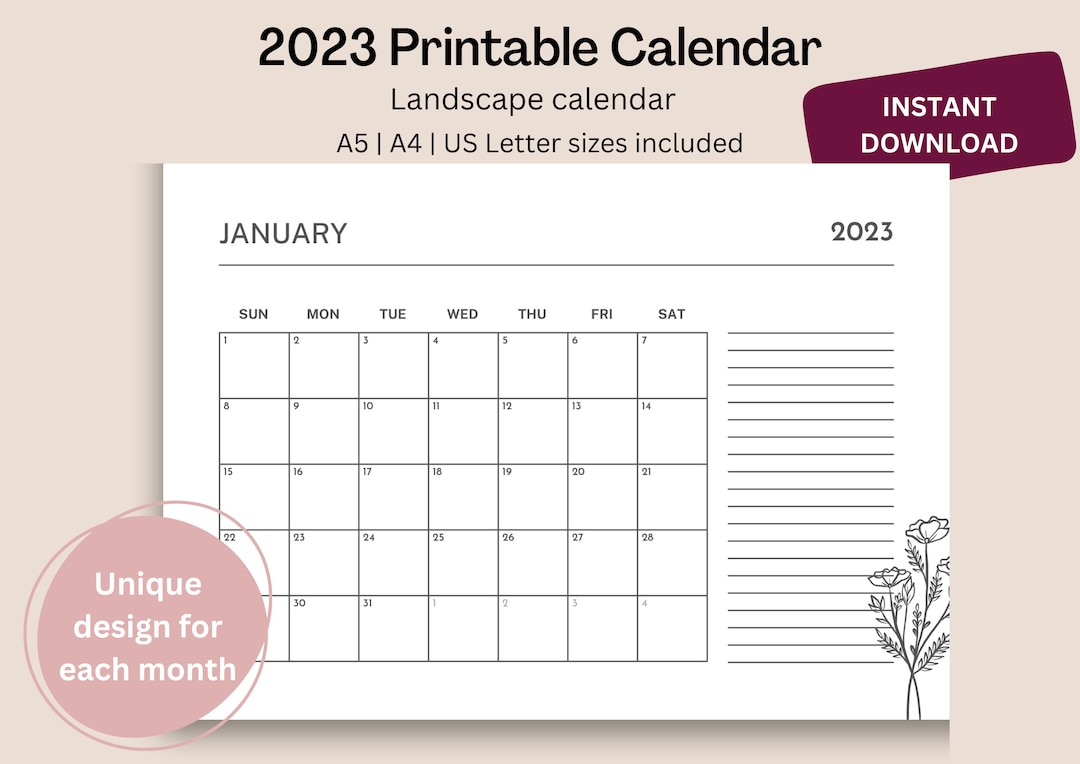 2023 Printable Calendar Landscape, Monthly Calendar 2023 PDF, Printable