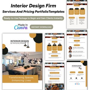 Peut inclure: Une trousse de marketing numérique pour les entreprises de design d'intérieur. La trousse comprend des modèles pour les pages de services, de prix et à propos de nous. La trousse est réalisée dans Canva et est un téléchargement instantané. La trousse présente un design moderne avec des accents dorés et noirs.