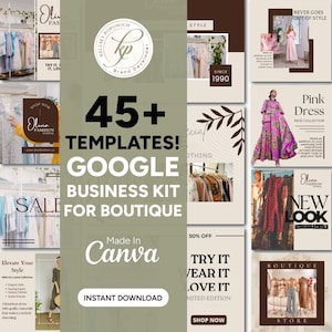 Może przedstawiać: Kolaż obrazów promujących zestaw Google Business dla butików. Zestaw zawiera ponad 45 szablonów wykonanych w Canva. Obrazy przedstawiają odzież, dodatki modowe i tekst, który brzmi "Nowy wygląd", "Różowa sukienka", "Sklep butikowy" i "Wypróbuj, noś, kochaj".
