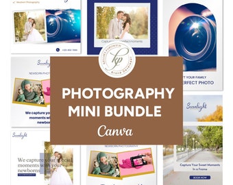 Peut inclure: Un collage d'images faisant la promotion d'un mini pack de photographie pour Canva. Les images présentent un couple en tenue de mariage, un nouveau-né et un objectif d'appareil photo. Le texte "PHOTOGRAPHY MINI BUNDLE Canva" est affiché en gros caractères gras.