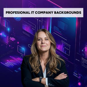 Peut inclure: Une femme aux longs cheveux blonds portant un blazer noir se tient devant un fond violet avec des graphismes numériques abstraits. Le texte "PROFESSIONAL IT COMPANY BACKGROUNDS" est en haut de l'image.