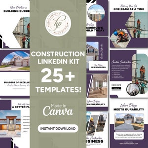 May include: A set of 25+ customisable social media templates for construction businesses. The templates feature images of houses, construction workers, and tools. The text on the templates includes phrases like "Building Success", "Restoring Your Life", "Creative Construction", and "Where Design Meets Durability".