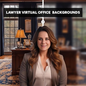 May include: A woman in a gray blazer and white shirt is standing in front of a virtual office background. The background is a blurred image of a lawyer's office with a large window, a wooden desk, and a lamp.