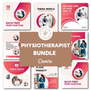 May include: A collage of images promoting physiotherapy services. The images feature people receiving physical therapy, with text highlighting the benefits of physiotherapy, such as "Back Free From Your Pain" and "Is Our Priority". The text "Physiotherapist Bundle Canva" is prominently displayed in the centre.