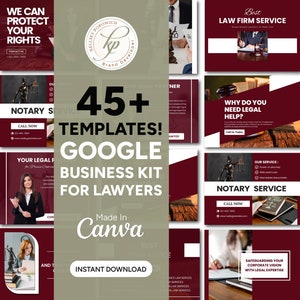 Może przedstawiać: Zbiór ponad 45 szablonów Google Business Kit dla prawników, stworzonych w Canva. Szablony charakteryzują się kolorystyką bordową i złotą, z obrazami wag sprawiedliwości i dokumentów prawnych. Tekst "45+ Szablonów! Google Business Kit dla prawników" jest wyświetlany dużą, pogrubioną czcionką.